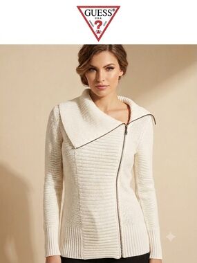 GUESS Cream Asymmetrical Zip Cardigan with Wide Collar